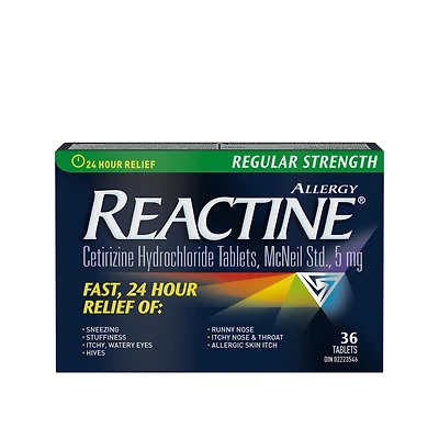 Reactine Régulier, comprimés antiallergiques/antihistaminiques, chlorhydrate de cétirizine à 5 mg, soulagement 24 hr, 36 comprimés