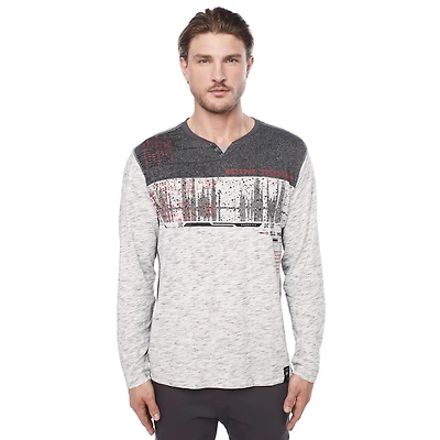 Dark Black Men's Long-Sleeve Graphic Henley T-Shirt