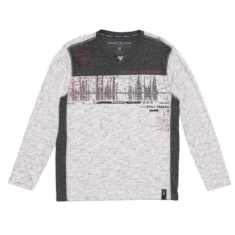 Dark Black Men's Long-Sleeve Graphic Henley T-Shirt