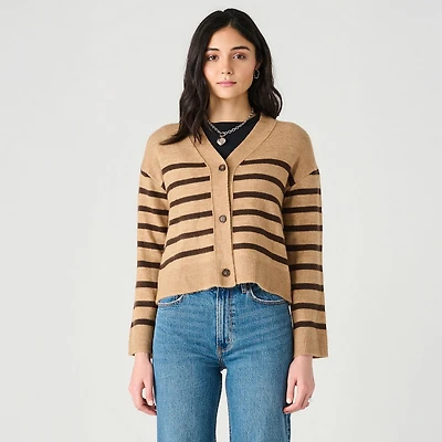 Devoted Long Sleeve Cropped Button-up Striped Sweater