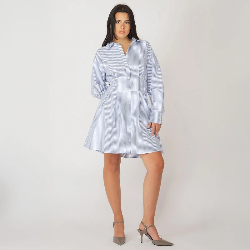 Devoted long sleeve striped button-up A-line mini dress