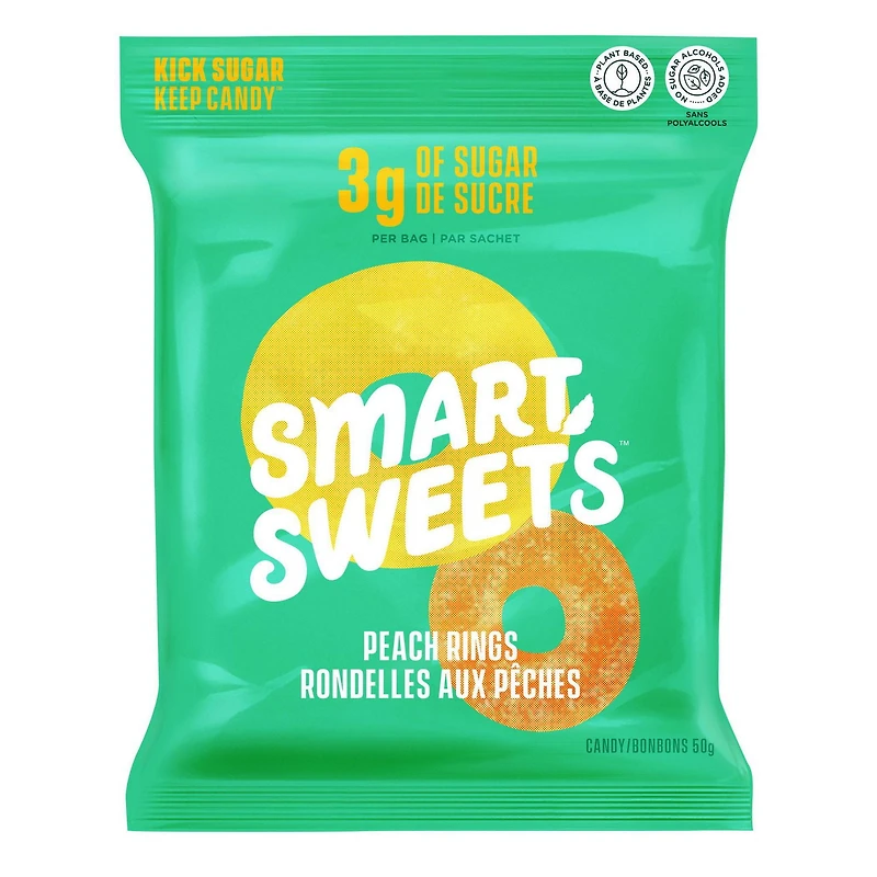 SmartSweets, Peach Rings, 50g Pouch, Candy with no artificial sweeteners or added sugar