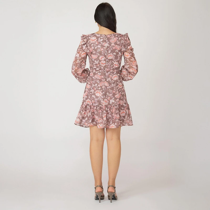 Devoted Long sleeve floral mini dress with ruffled shoulders and hem