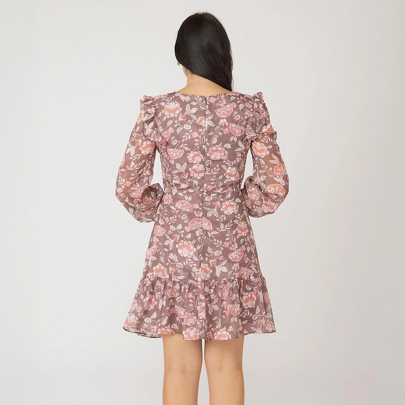 Devoted Long sleeve floral mini dress with ruffled shoulders and hem