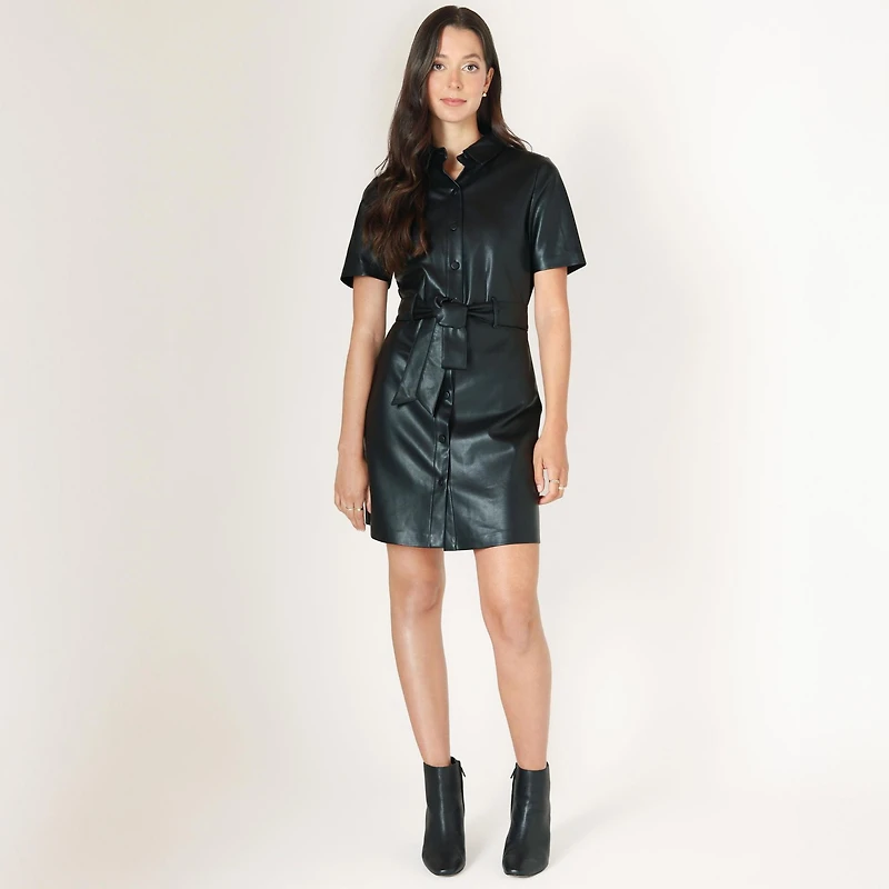 Devoted faux leather buttoned mini dress