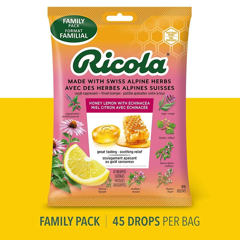 Ricola Honey Lemon Echinacea Cough Drops, 45 Count