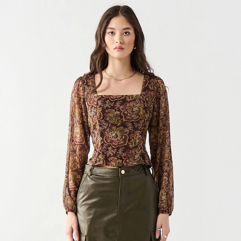 Devoted blouse à manches longues, col carré, imprimé floral