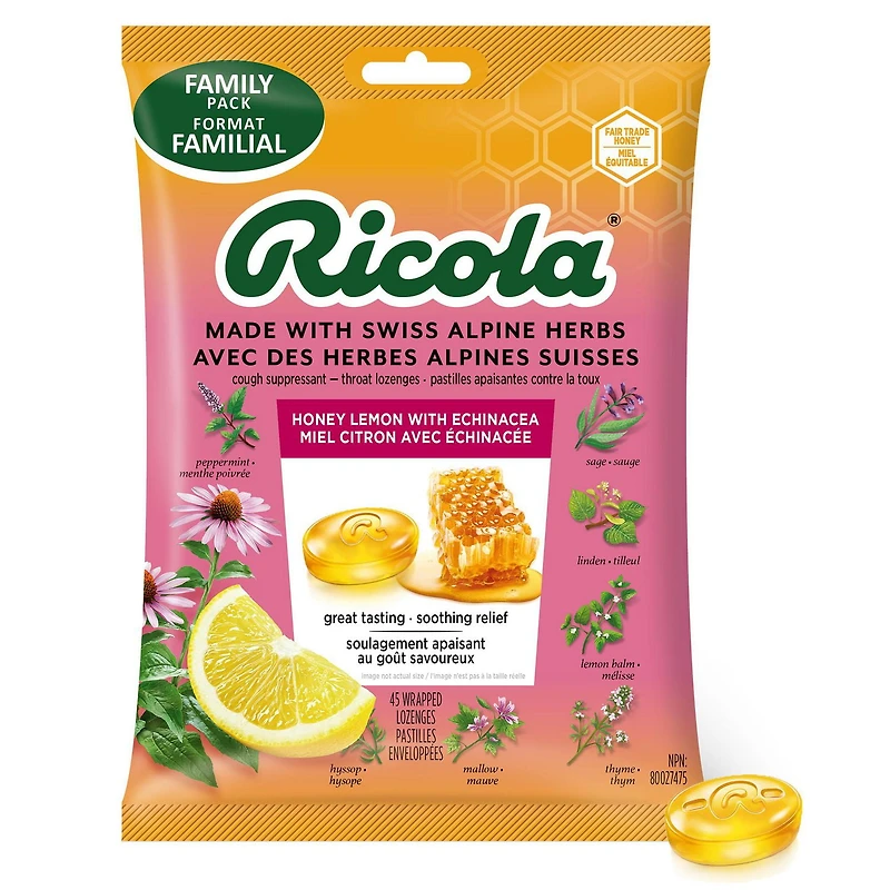 Ricola Honey Lemon Echinacea Cough Drops, 45 Count