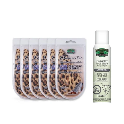 Coussin d'avant-pied en gel Fashion Feet - Bout pointu (6 PK) et spray pour les pieds (85g)