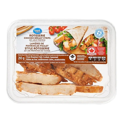 Lanières de poitrine de poulet entièrement cuites Great Value au style rôtisserie