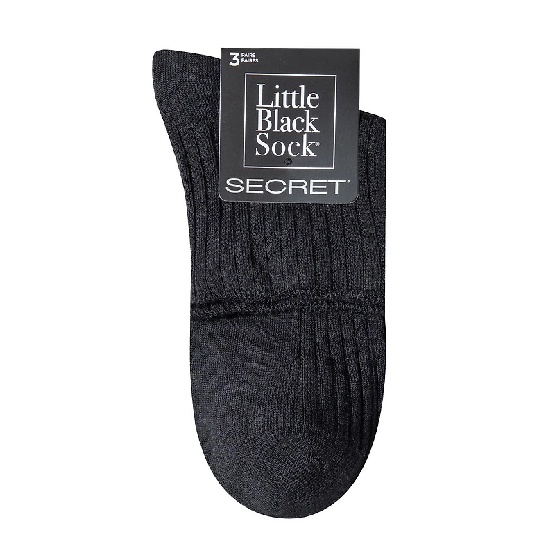 Secret Little Black Socks Ribbed/Solid Quarter P3, Fits shoe sizes 6-10