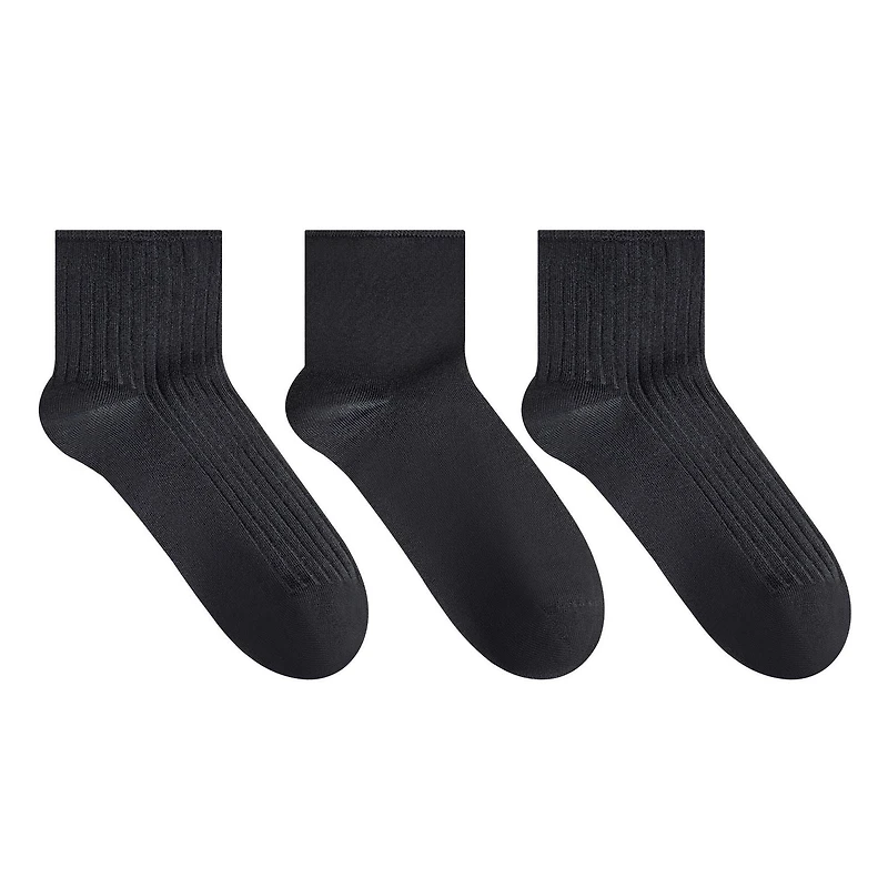 Secret Little Black Socks Ribbed/Solid Quarter P3, Fits shoe sizes 6-10