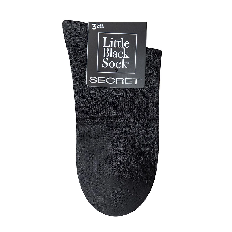 Secret Little Black Socks Basketweave/Solid/Ribbed Quarter P3, Fits shoe sizes 6-10