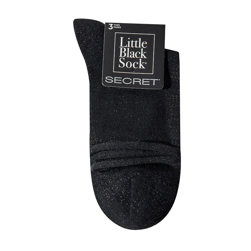 Secret Little Black Socks Lurex/Solid Roll Top Mid Crew P3, Fits shoe sizes 6-10