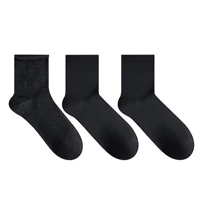 Secret Little Black Socks Lurex/Solid Roll Top Mid Crew P3, Fits shoe sizes 6-10
