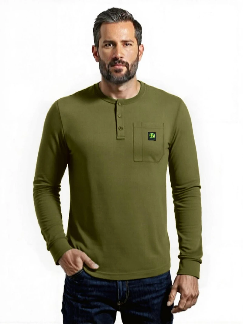 John Deere Warmth Shield™️ T-shirt Henley Thermique à manches longues et poches pour homme, tailles S XL Poche
