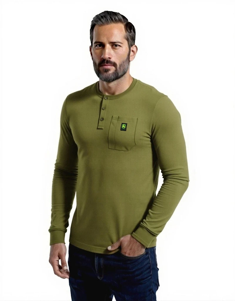 John Deere Warmth Shield™️ T-shirt Henley Thermique à manches longues et poches pour homme, tailles S XL Poche