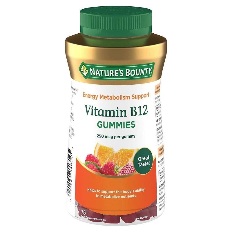 NATURE'S BOUNTY La vitamine B12 favorise la santé, le système immunitaire et la form. des globules rouges; saveurs variées : baies mélangées, orange et framboise 75 paquet 75 gélifiés