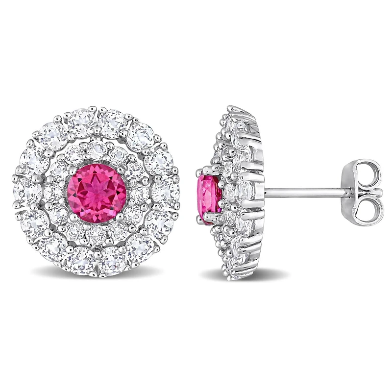 Boucles d'oreilles à double auréoles Miabella avec 4-3/8 Carat PBT de Topaze Blanche et Rose en Argent Sterling