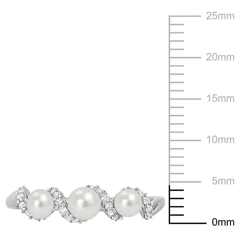 Bague torsadée à trois pierres Miabella avec 1/4 Carat PBT de Saphir Blanc et perles de culture d'eau douce en Argent Sterling
