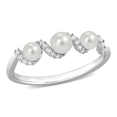 Miabella Freshwater Cultured Pearl and 1/4 Carat T.G.W. Created White Sapphire Sterling Silver 3-Stone Twisted Ring