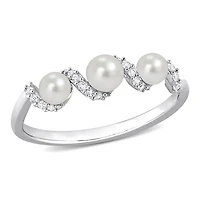 Miabella Freshwater Cultured Pearl and 1/4 Carat T.G.W. Created White Sapphire Sterling Silver 3-Stone Twisted Ring