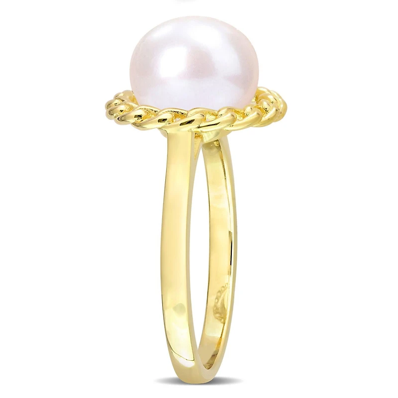 Miabella Freshwater Cultured Pearl Yellow Rhodium Plated Sterling Silver Halo Link Ring