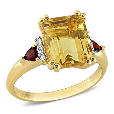 Miabella 3-3/8 Carat T.G.W. Citrine Garnet and Diamond Accent 18K Yellow Gold Plated Silver 3-Stone Cocktail Ring