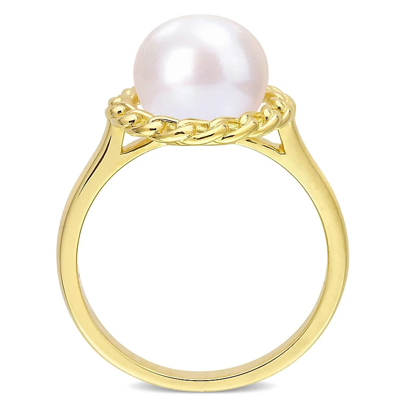 Miabella Freshwater Cultured Pearl Yellow Rhodium Plated Sterling Silver Halo Link Ring