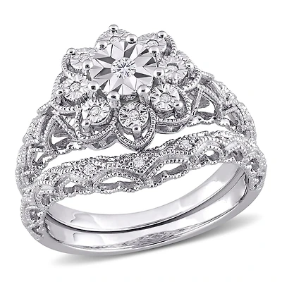 Ensemble nuptial floral de Miabella avec 1/10 carat poids total de diamants en argent sterling
