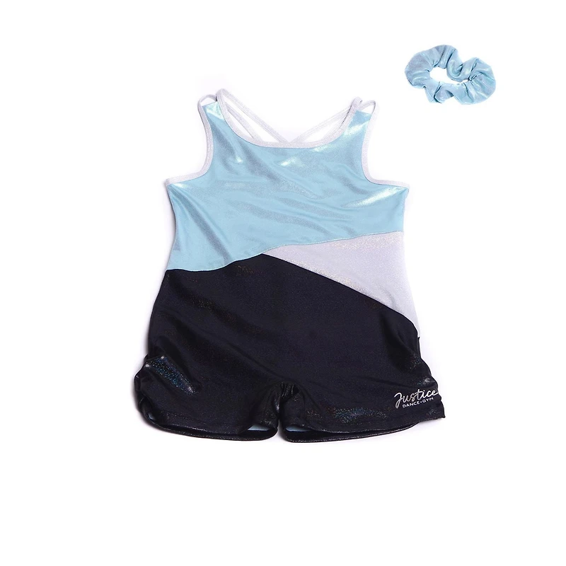 Justice Girls Ice Blue Black Leotard With Scrunchie