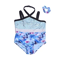 Justaucorps fleuri bleu glacier Justice Girls avec chouchou