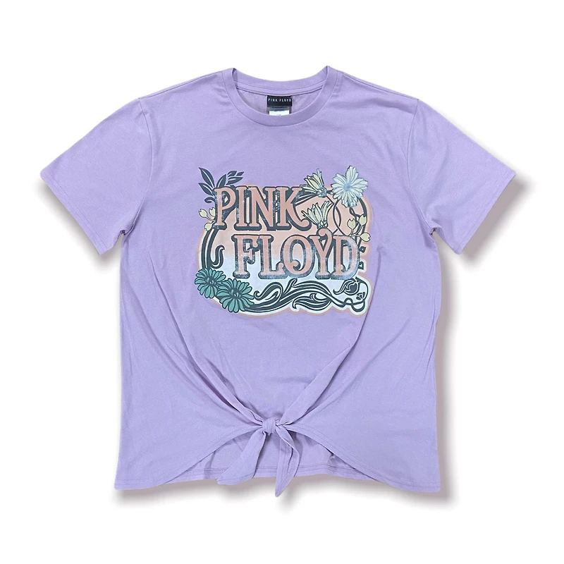 Pink Floyd Ladies tee shirt. This Ladie's short sleeve crew neck has a knotted front at the waist giving a chicness to its casual wear and