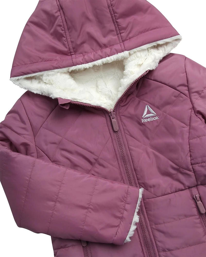 Reebok Girls' Long Stretch Reversible Puffer Coat,