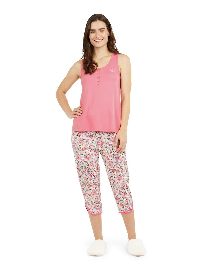 Chaps Women's Sleep 2-Piece Soft Sleeveless Henley Tank with Capri Pants Set