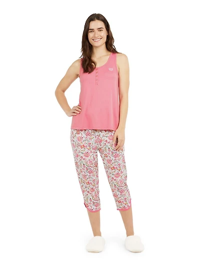 Chaps Women's Sleep 2-Piece Soft Sleeveless Henley Tank with Capri Pants Set