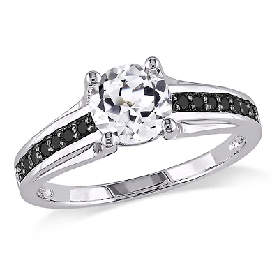 Bague  avec 1.38 carat de saphir blanc synthétique et 0.14 carat de diamants noirs en argent sterling