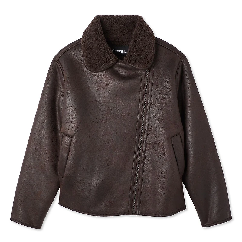Manteau de motard en fausse peau mouton George pour femmes