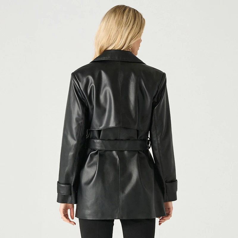 Devoted long sleeve belted faux leather coat