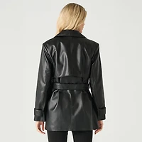 Devoted long sleeve belted faux leather coat