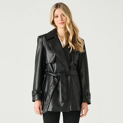 Devoted long sleeve belted faux leather coat