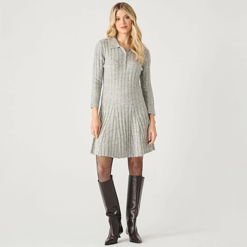 Devoted long sleeve ribbed collared mini sweater dress