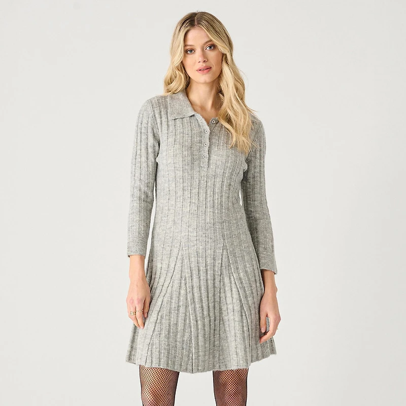 Devoted long sleeve ribbed collared mini sweater dress