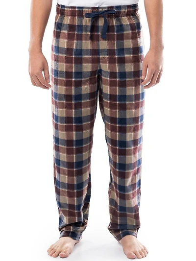 Fruit of the Loom Men's Microfleece Lounge Pants, burgundy and blue plaid