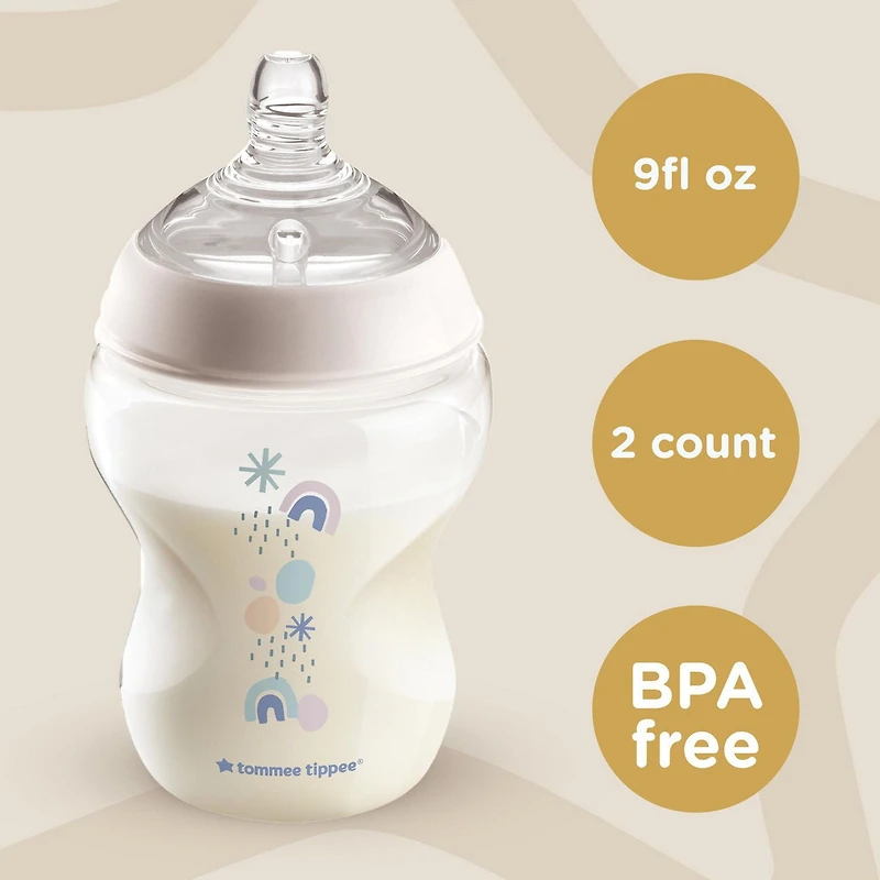 Tommee Tippee Closer to Nature Baby Bottles, Breast-Like Nipples with Anti-Colic Valve, 9oz, 2 Count