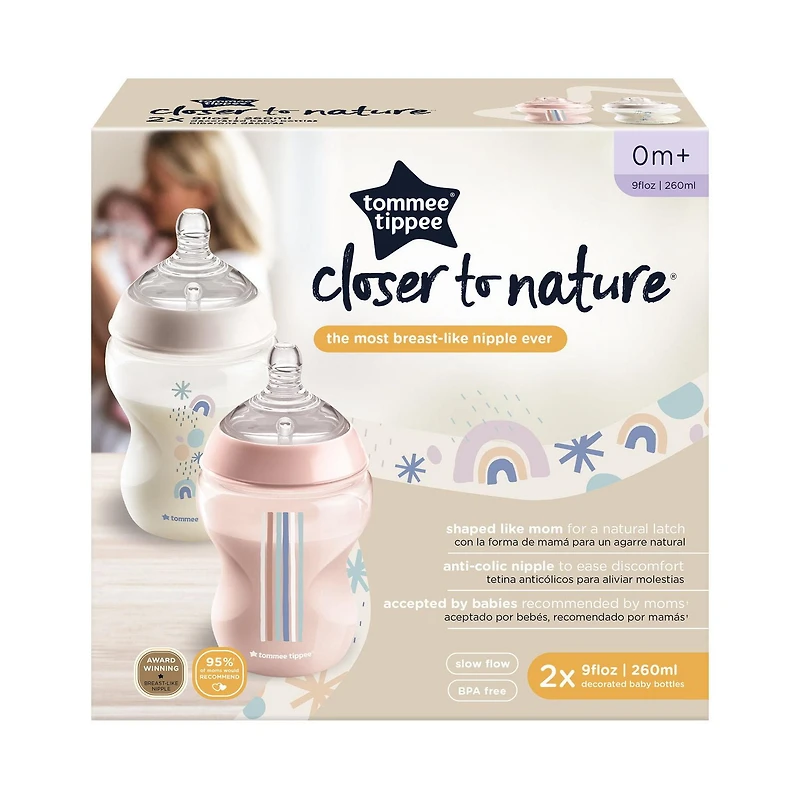 Tommee Tippee Closer to Nature Baby Bottles, Breast-Like Nipples with Anti-Colic Valve, 9oz, 2 Count
