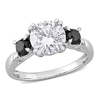 Bague de fiançailles Miabella a 3 pierres avec 2 carats p.g.t. moissanite et 3/4 carat p.t. diamant noir en or blanc 10K
