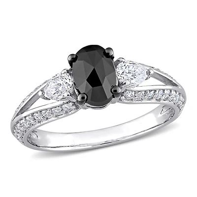 Bague de fiançailles Miabella ovale a 3 pierres avec diamant noir 3/4 carat p.t. et moissanite 3/4 carat p.g.t. en or blanc 10K