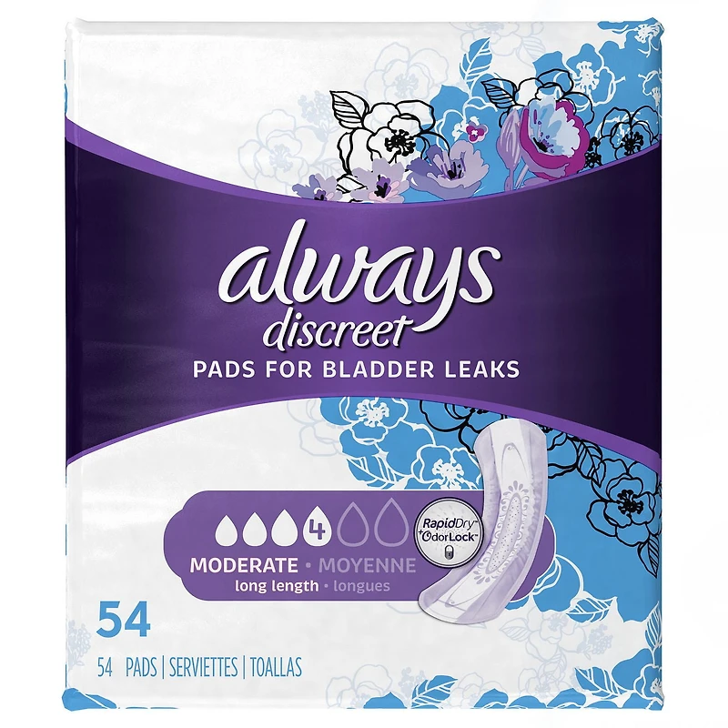 Always Discreet Adult Incontinence Pads for Women, Moderate Absorbency, Long Length, Postpartum Pads