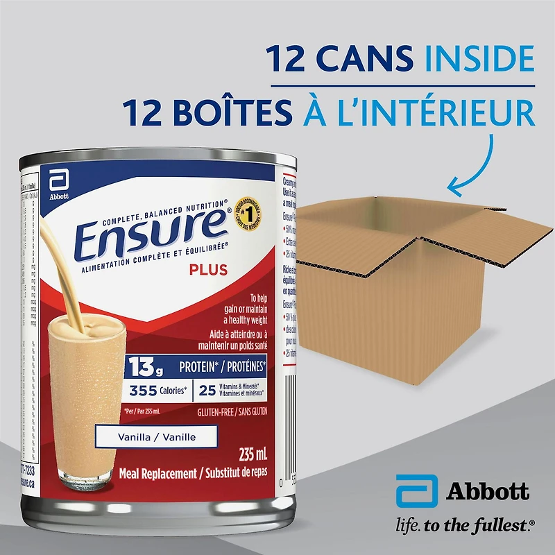 Ensure Plus, substitut de repas, alimentation complète et équilibrée, vanille, 12 boîtes de 235 mL